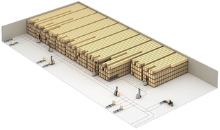 Le système Pallet Shuttle peut être associé à des véhicules AGV pour assurer l'automatisation totale de l'entrepôt