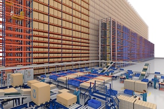 Dans une installation logistique, le système de navettes peut être combiné avec d’autres sytèmes de stockage